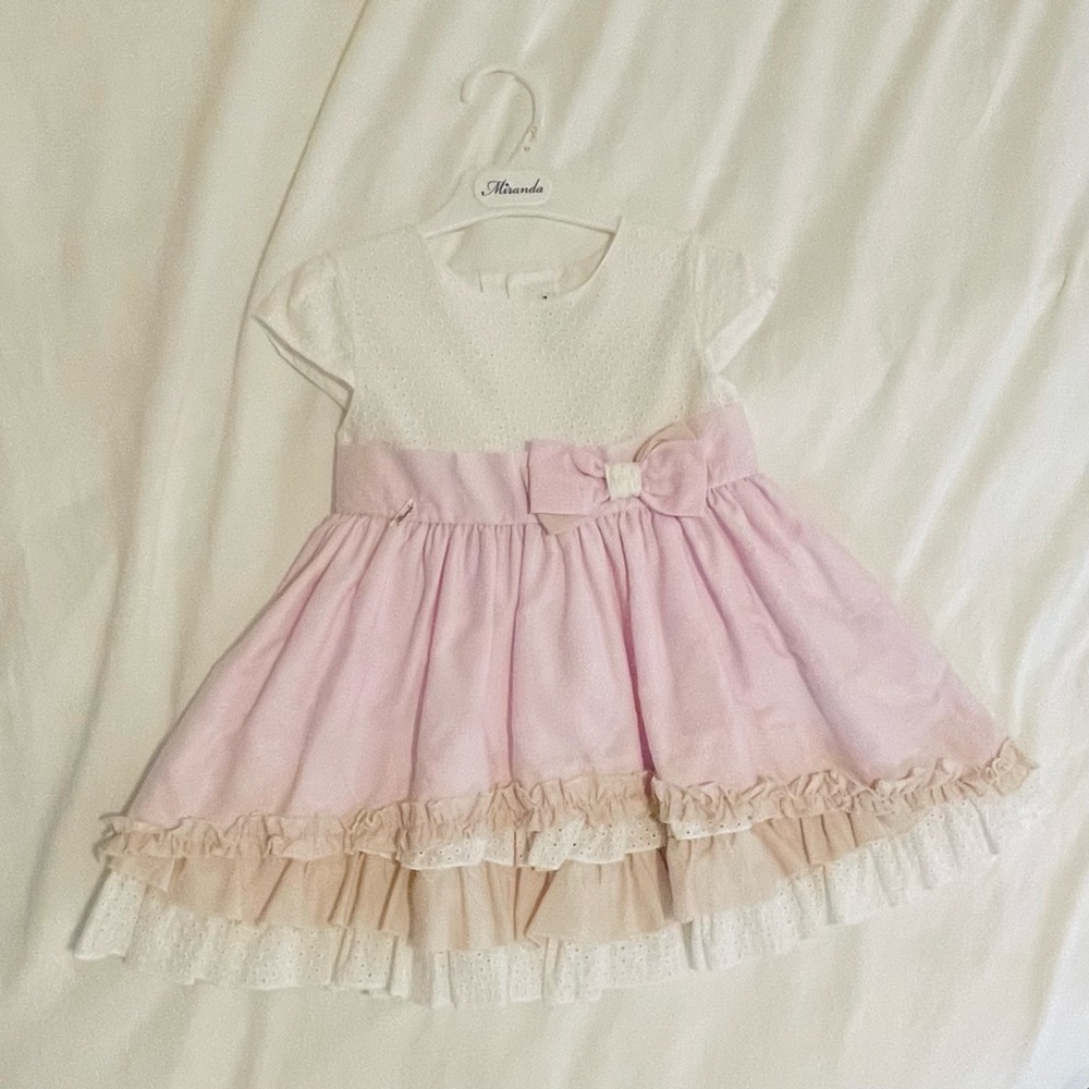 Miranda Girls Size 5 Pink White Frilly Dress Large Bow
